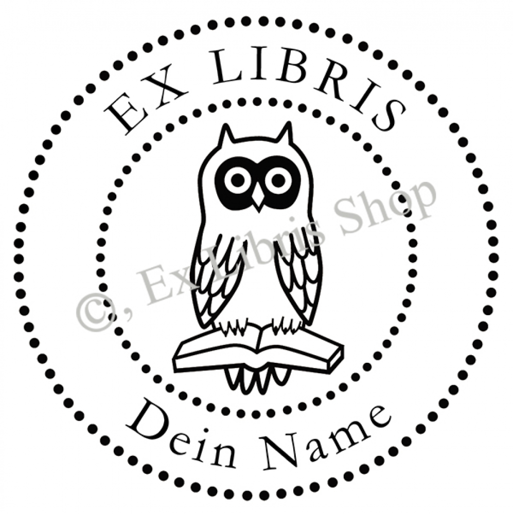 Round exlibris stamp •Owl with book•